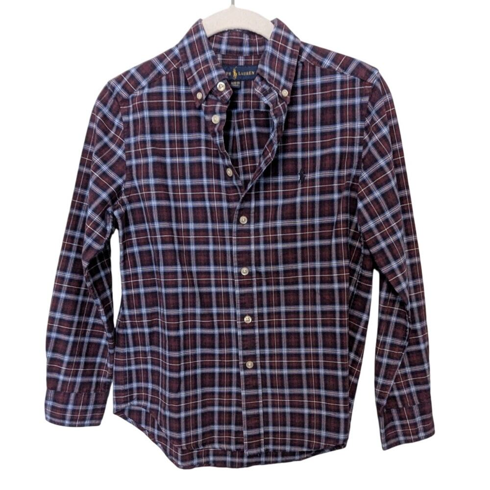 Ralph Lauren Boy's Shirt  Sz. M 10/12, Red/Blue Tartan Plaid, 100% Cotton